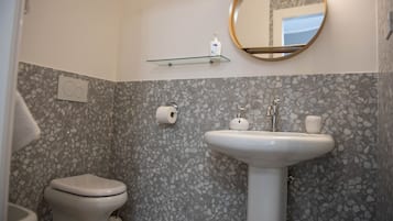 A bathroom with a toilet, sink, and mirror.
