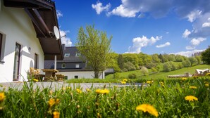 A house with a sloped roof, a satellite dish, and a garden with dandelions. - Q, stable, chalet I whole house I ski I sauna (Brilon)