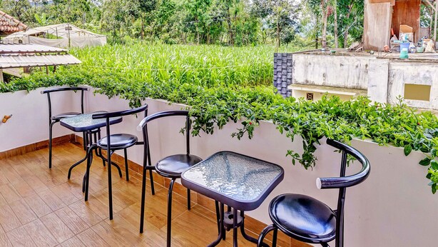 Una terraza con cuatro sillas de metal negro y una mesa de vidrio, rodeada de abundante follaje y una pared blanca.