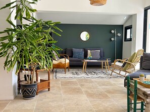 Télévision, cheminée, table de tennis de table