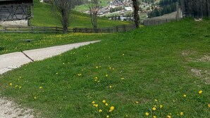 A rural landscape with a wooden building, a stone house, and a path leading through a field of yellow flowers.