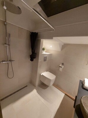 Shower, towels, soap, toilet paper
