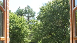 A view through a window of a brick wall and a grassy area with trees. - Maison Solognote au Coeur des Châteaux de la Loire (Tour en Sologne)