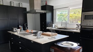Une cuisine moderne avec des meubles noirs, un îlot central, un évier en acier inoxydable et une fenêtre offrant une belle vue.