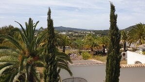 Une vue d’un quartier résidentiel avec des palmiers, un bâtiment blanc et une ville située au loin.
