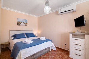 Un dormitorio con una cama, televisión, aire acondicionado y un cuadro en la pared.