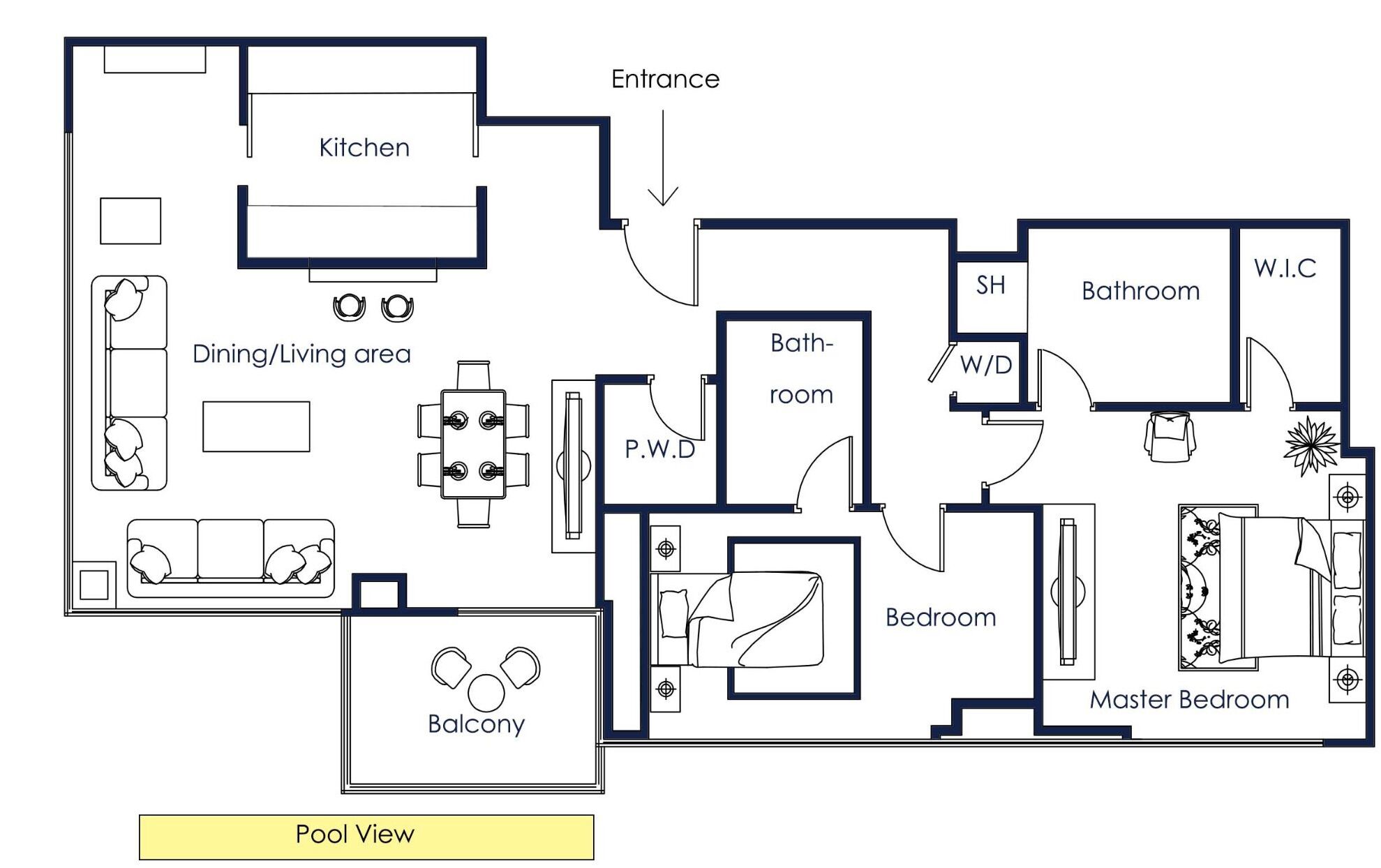 A hotel floor plan with a dining area, kitchen, bathroom, master bedroom, and a balcony.
