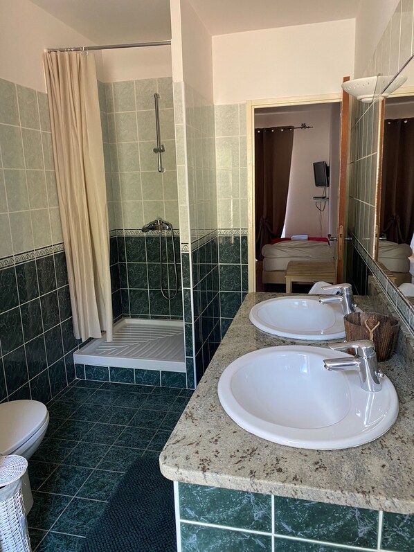 Shower, hair dryer, towels, toilet paper
