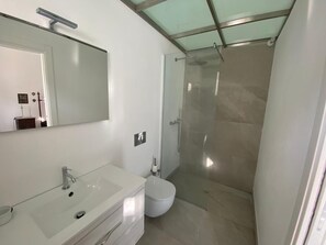 Shower, hair dryer, bidet, towels