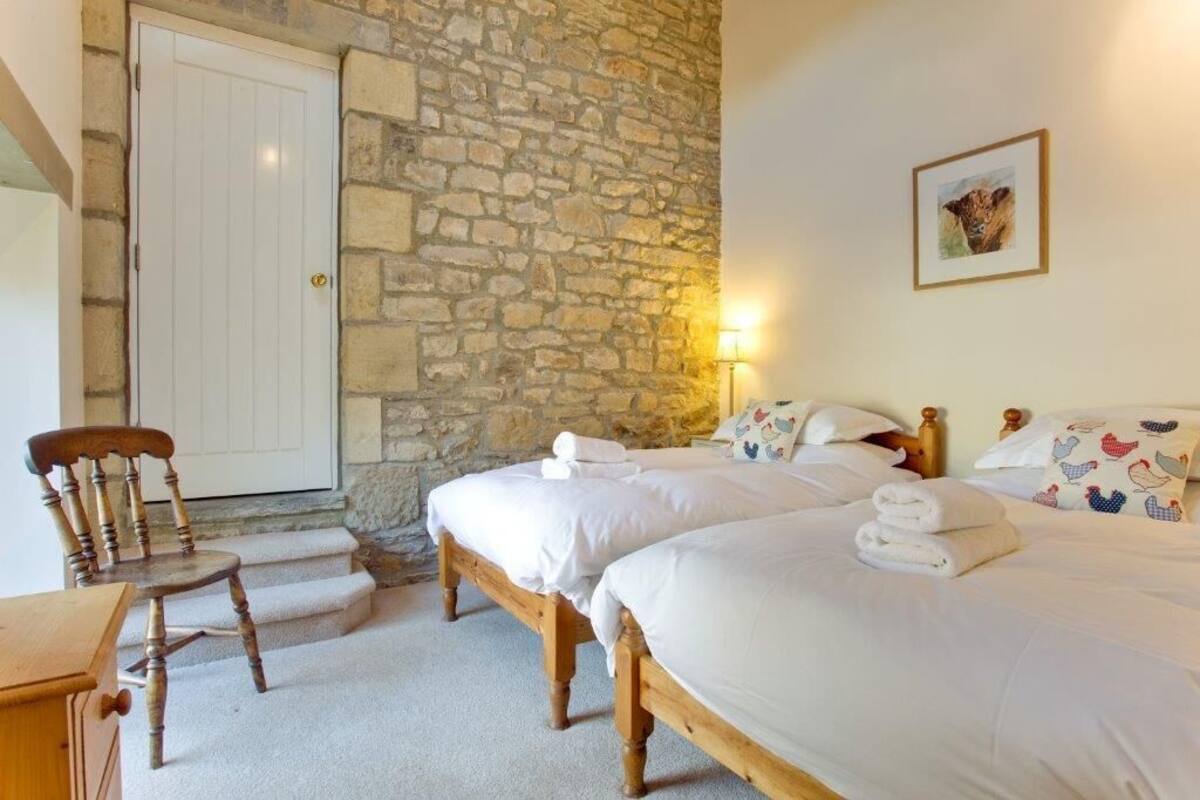 A room with two wooden beds, a stone wall, a white door, and a wooden chair.