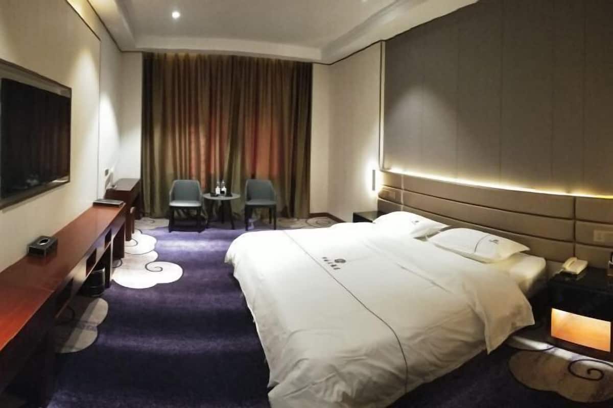 Une chambre d’hôtel avec un grand lit, un bureau, deux chaises, une télévision et un rideau.