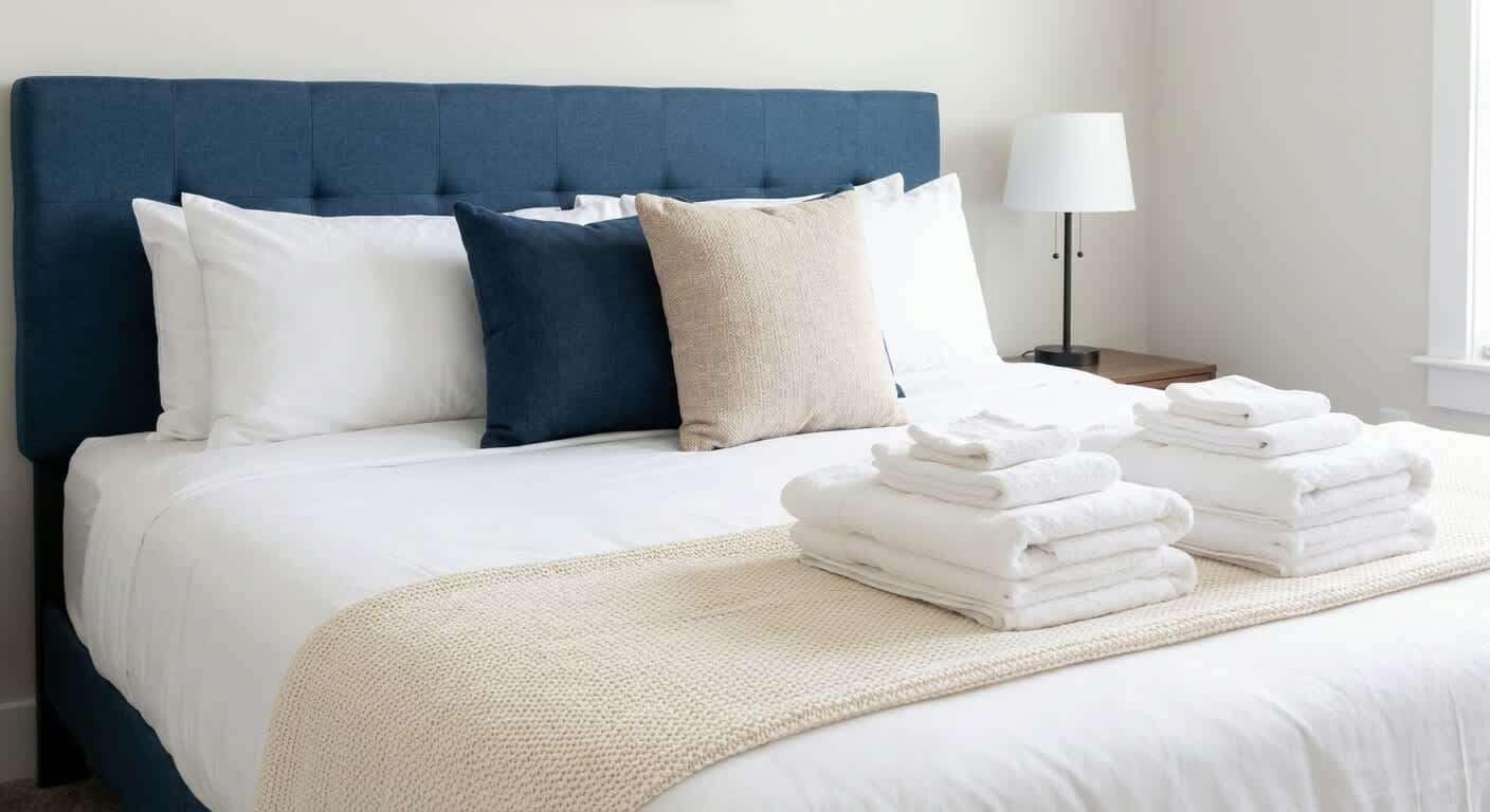Una cama bien hecha con un cabecero azul, almohadas blancas y beige, y una pila de toallas blancas.