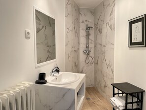Shower, hair dryer, towels, toilet paper