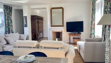 TV connectée, cheminée, livres