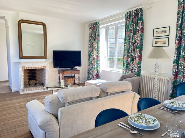Smart TV, fireplace, books