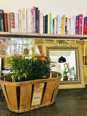 A bookshelf with various books, a potted plant, and a mirror. - Bergerie de Beaudine (Forcalquier)