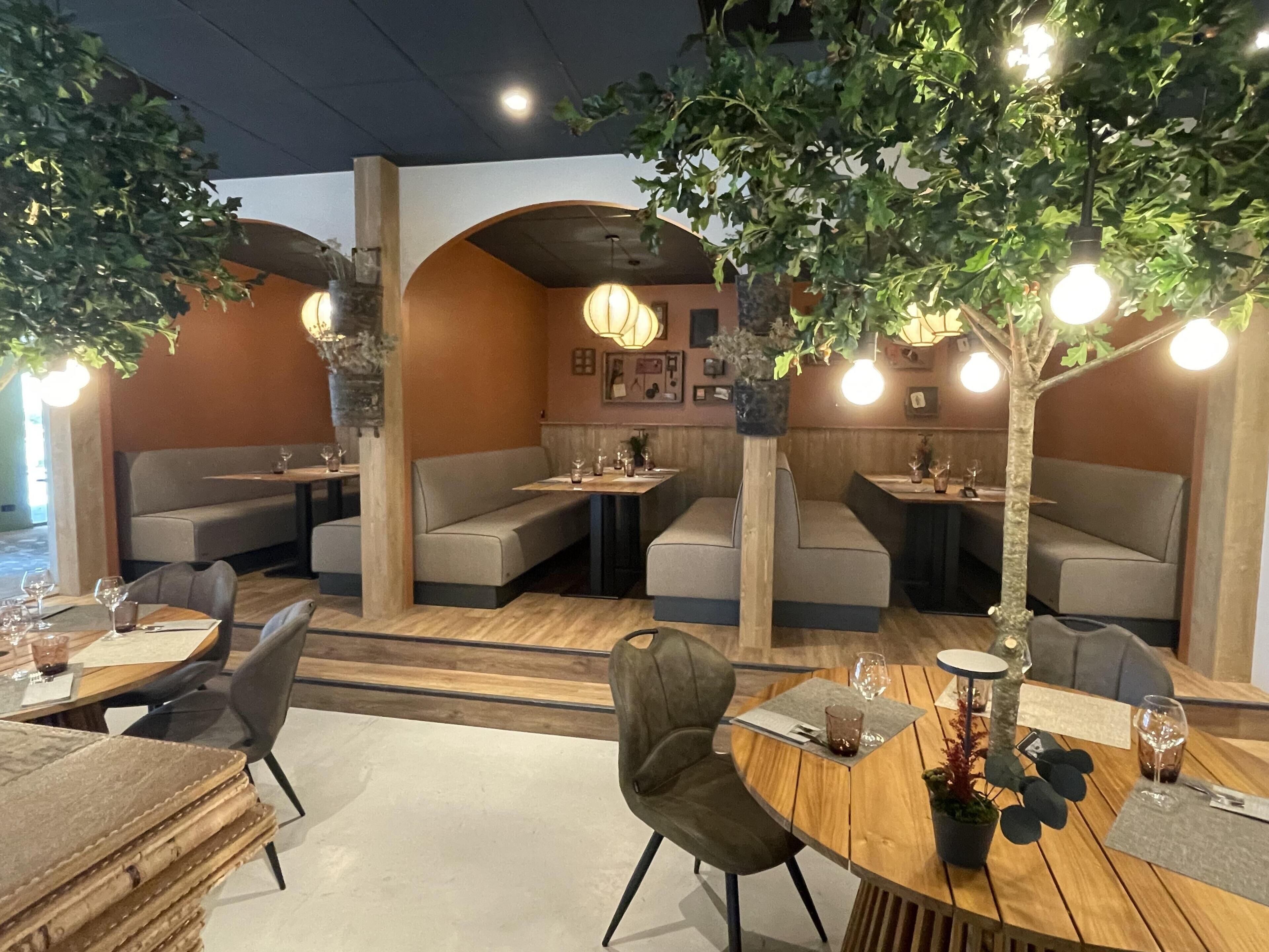 Un restaurante con cabinas, mesas y plantas colgantes.