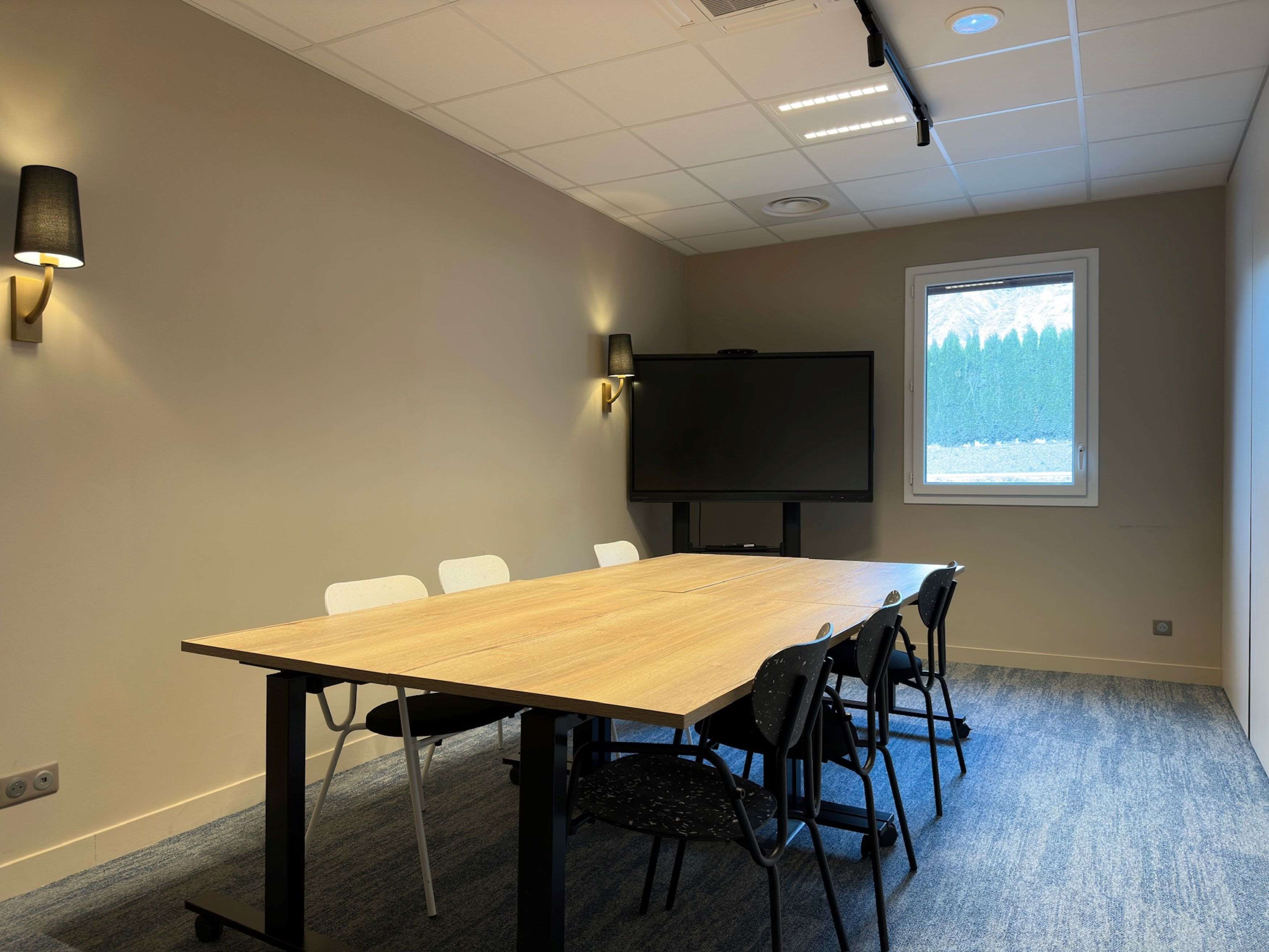 A conference room with a long table, six chairs, a flat-screen TV, and a window with a view of trees.
