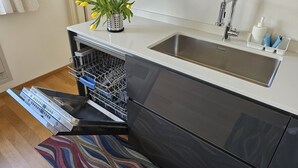 A modern kitchen with a stainless steel sink, a dish rack, and a colorful rug. - Apartment in historic villa 10 minutes from the historic center (Firenze)