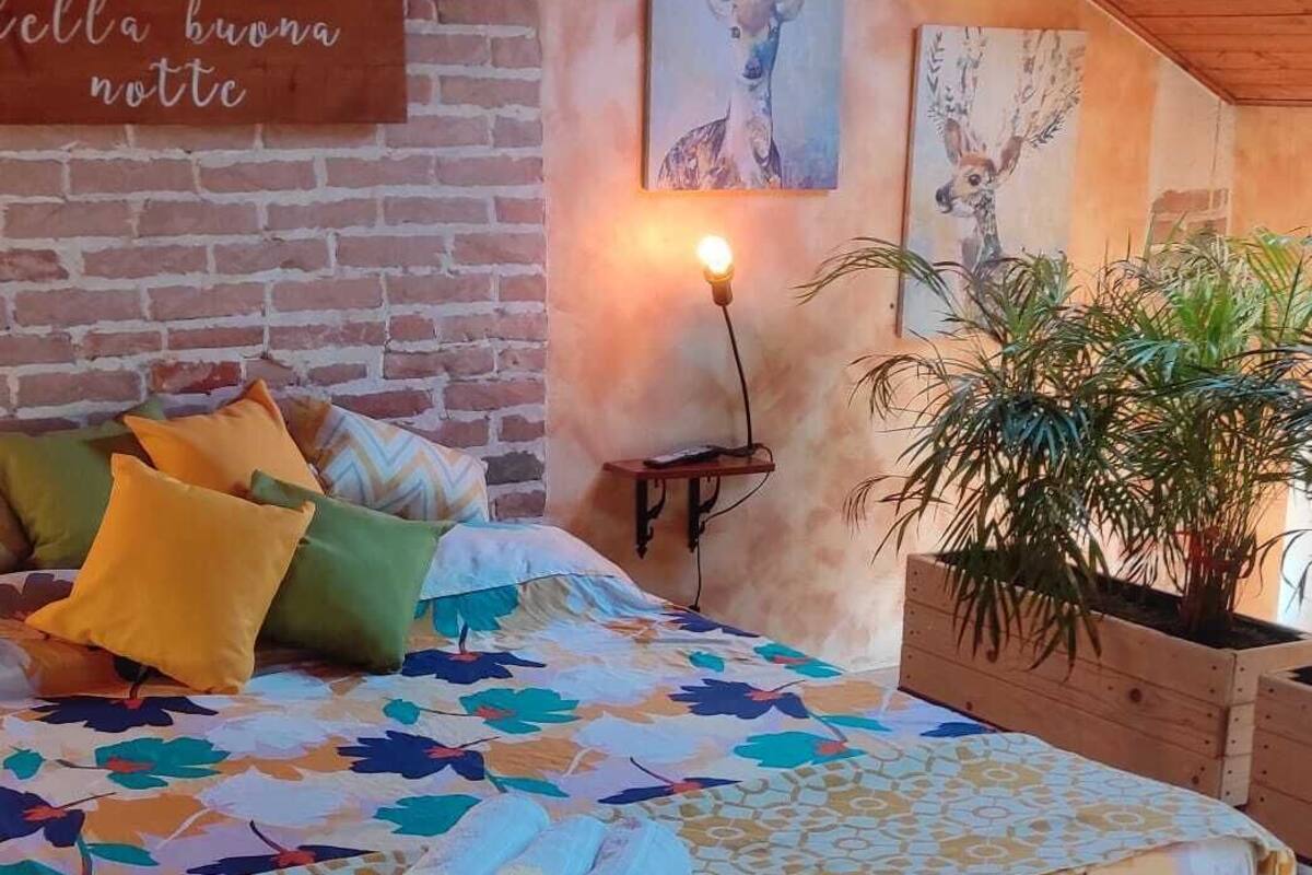 A cozy bedroom with a wooden bed, colorful pillows, a bedside plant, and artwork on the walls.
