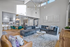 TV, fireplace, books, offices