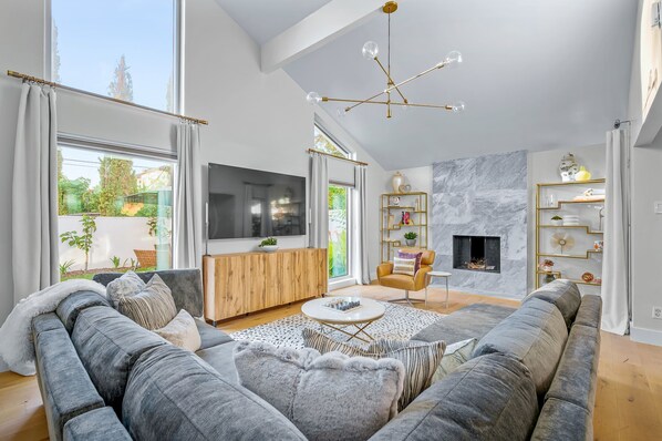 Télévision, cheminée, livres, espaces bureaux