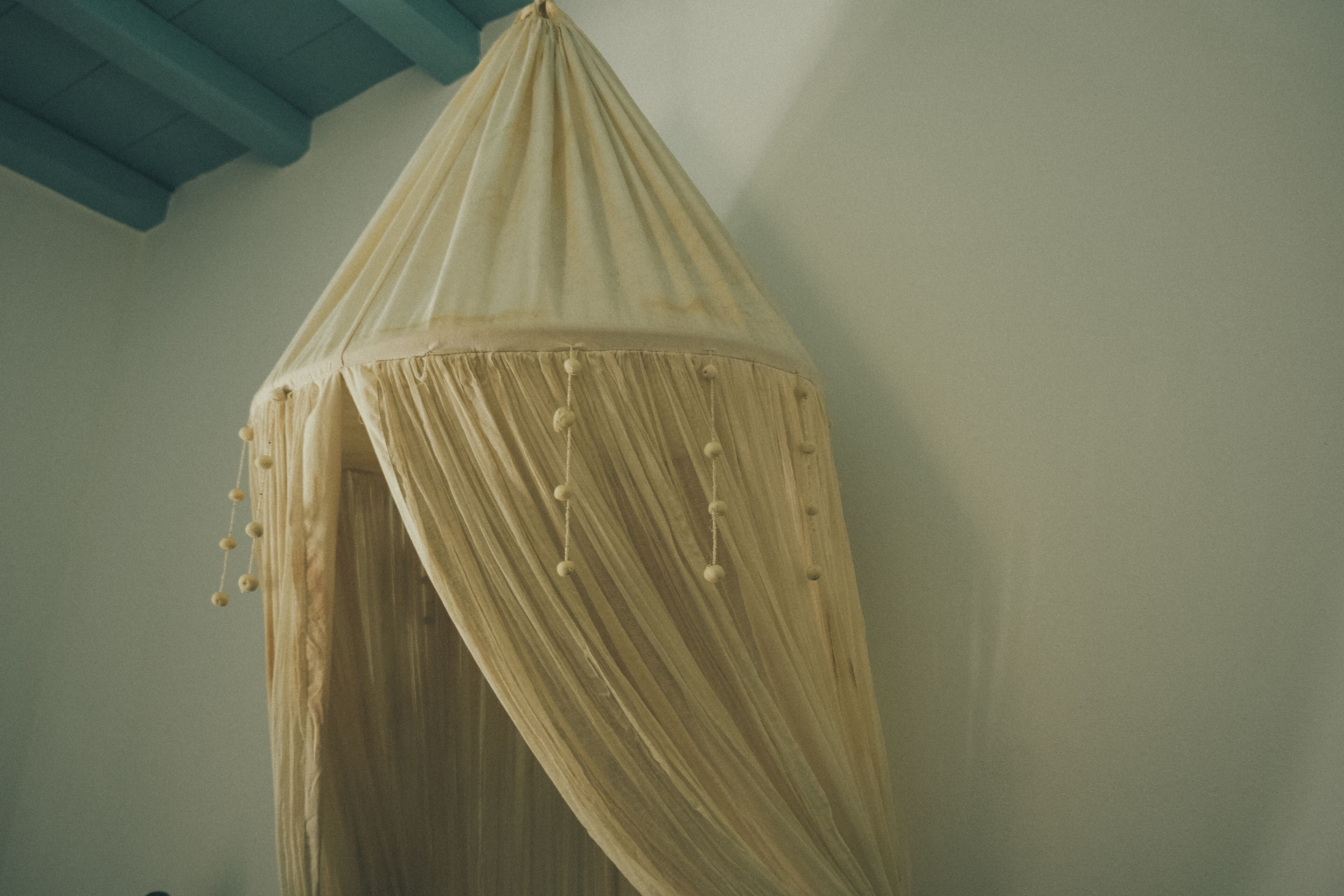 A room with a canopy bed and a blue ceiling.