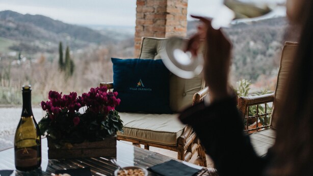 Una mesa con una botella y flores, una silla con cojín, y vistas a las montañas.