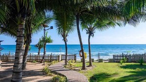 Un camino que lleva a una playa con palmeras y una cerca.
