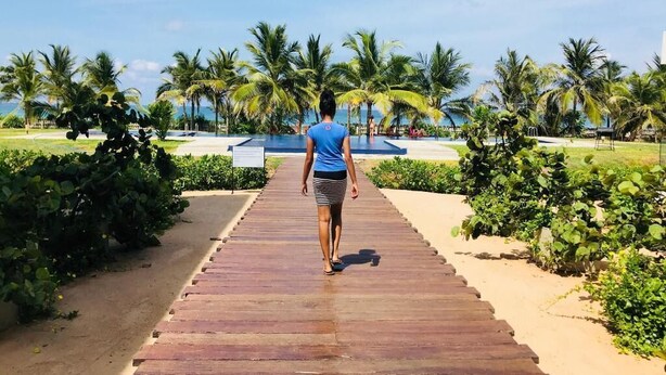 Un sendero de madera que lleva a una playa con palmeras y una piscina.