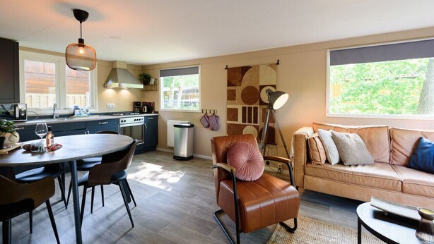 A modern kitchen with a dining area, a leather chair, and a sofa. - Cosy cottage at Veluwe (Putten)