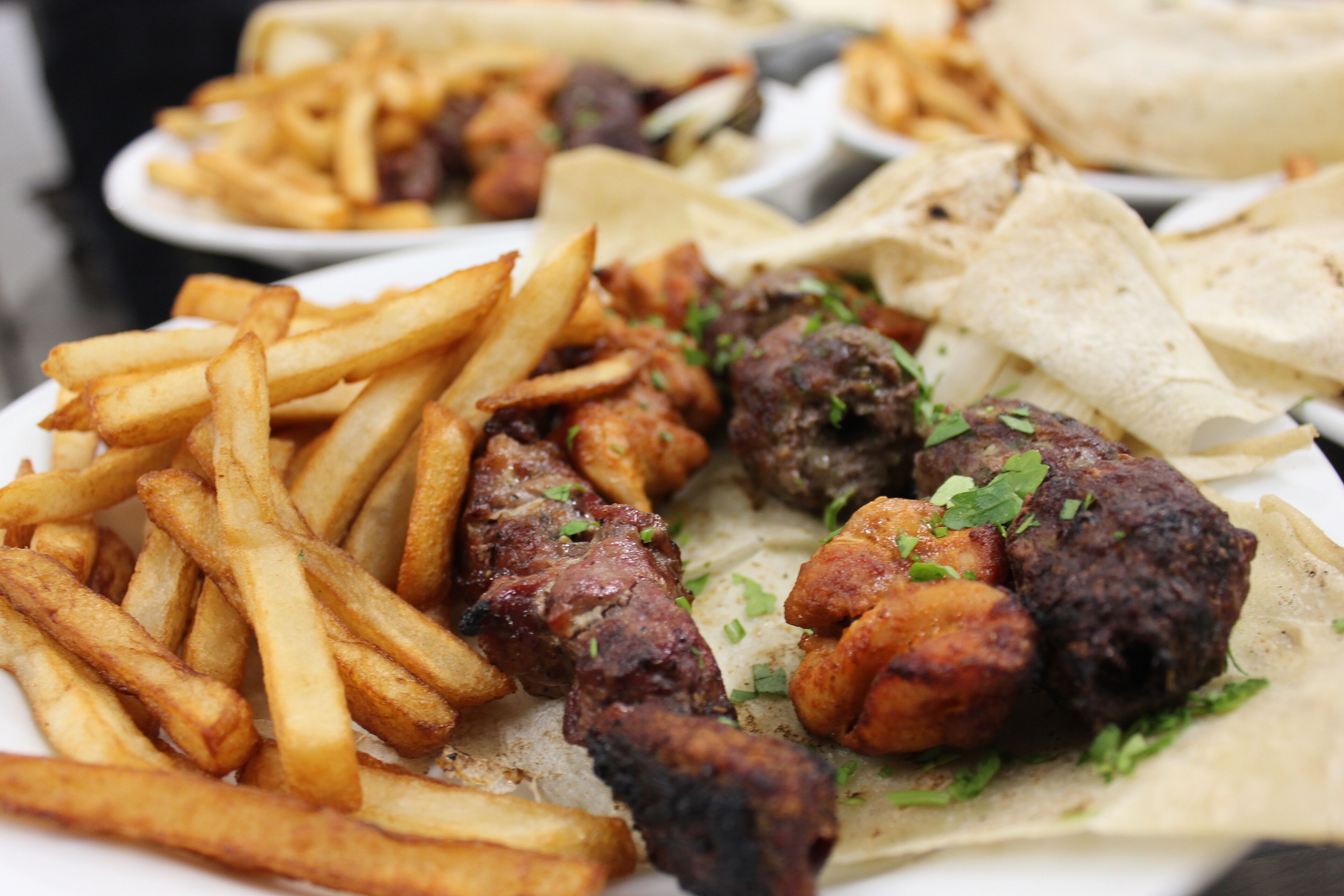 A plate with French fries, grilled meat, and flatbread.