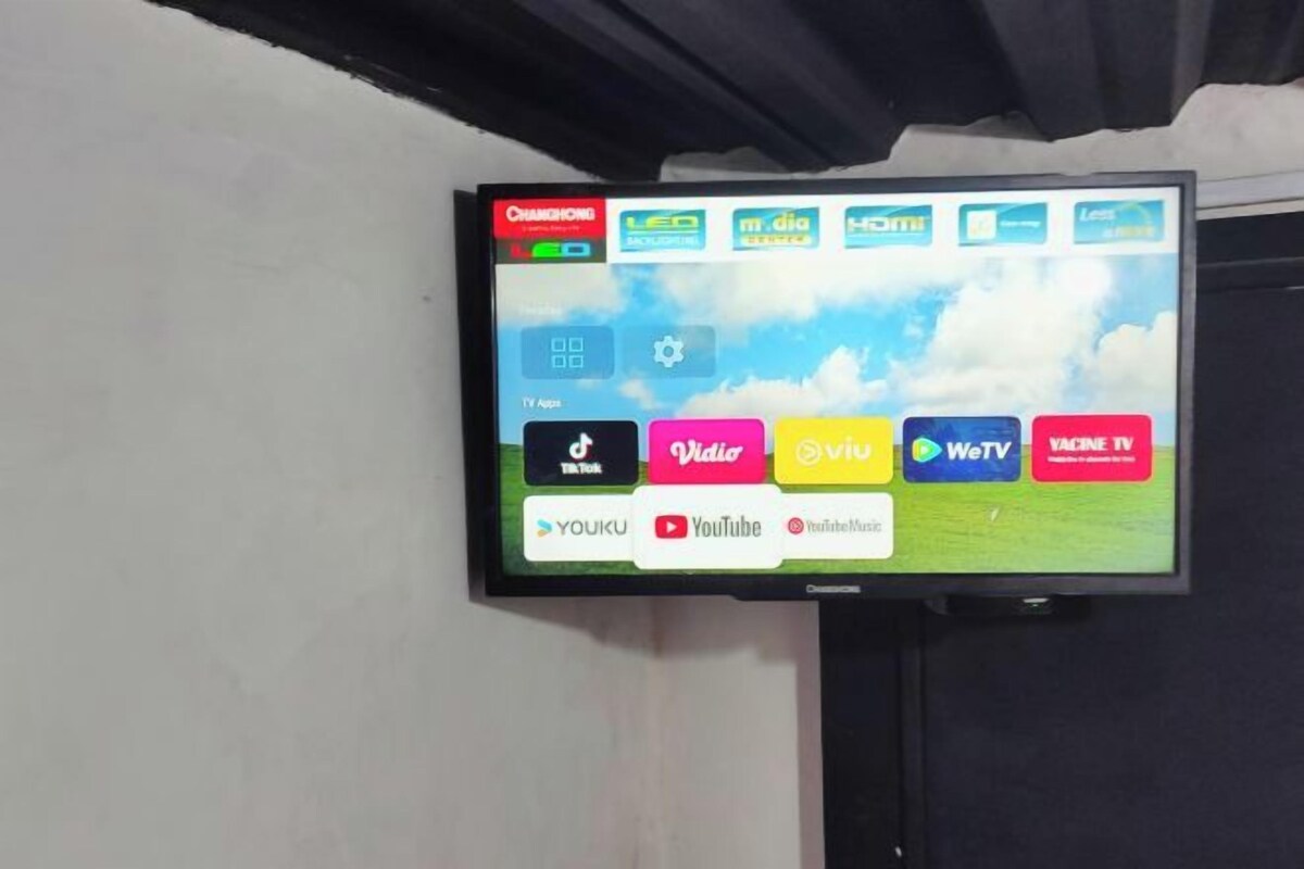 A flat-screen TV mounted on a wall displaying various streaming services.