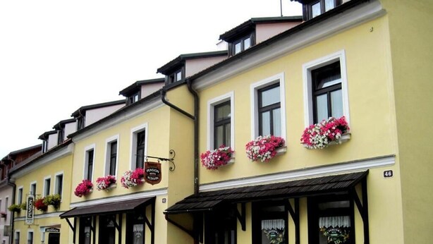 Una hilera de edificios amarillos con ventanas de marco negro y macetas con flores.
