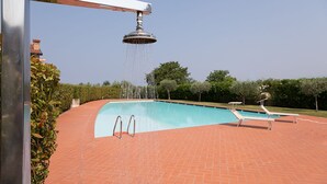 Una piscina con elemento d'acqua, circondata da un patio in mattoni e vegetazione.