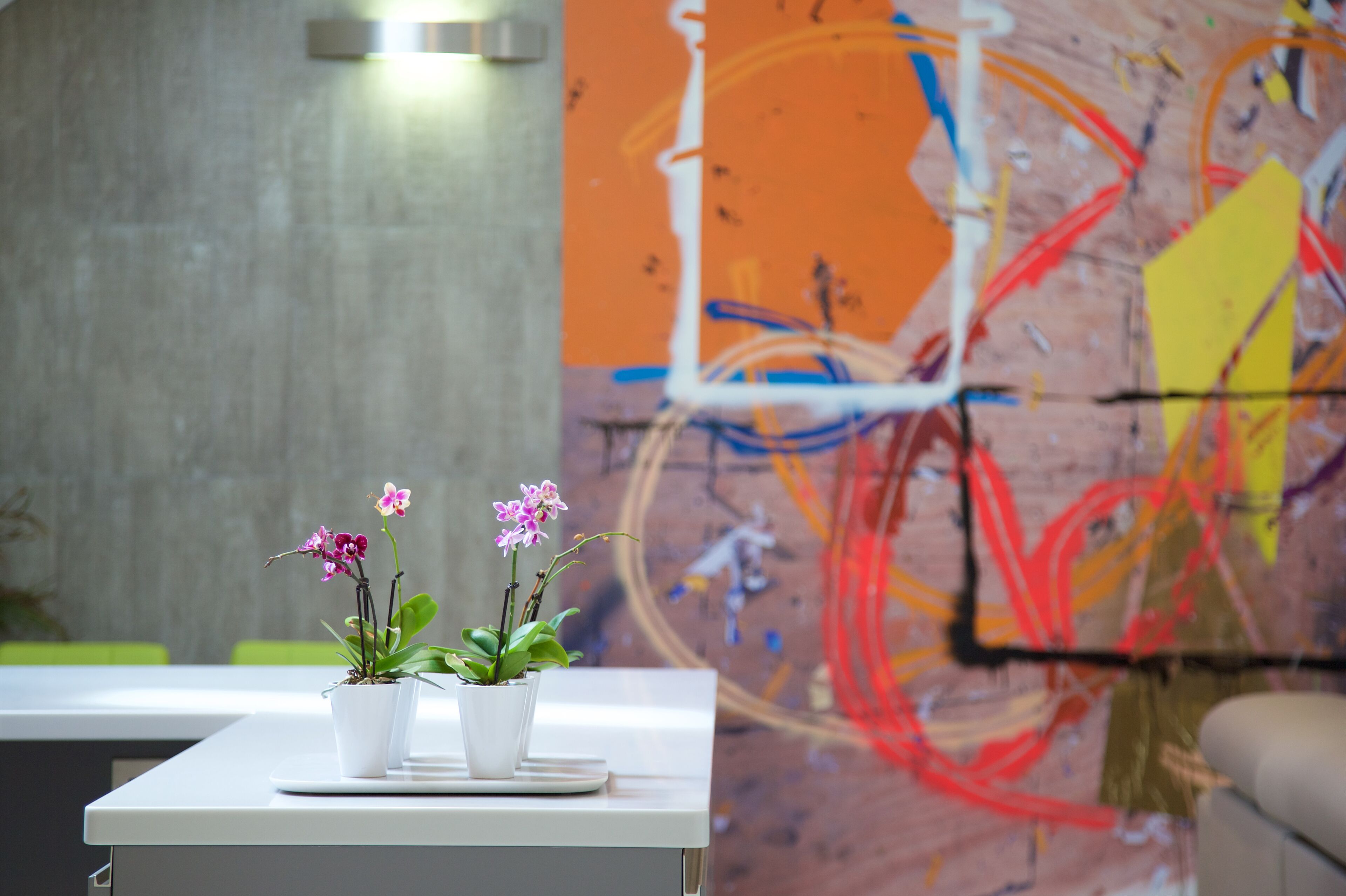 A reception desk with two potted orchids and a colorful abstract painting in the background.