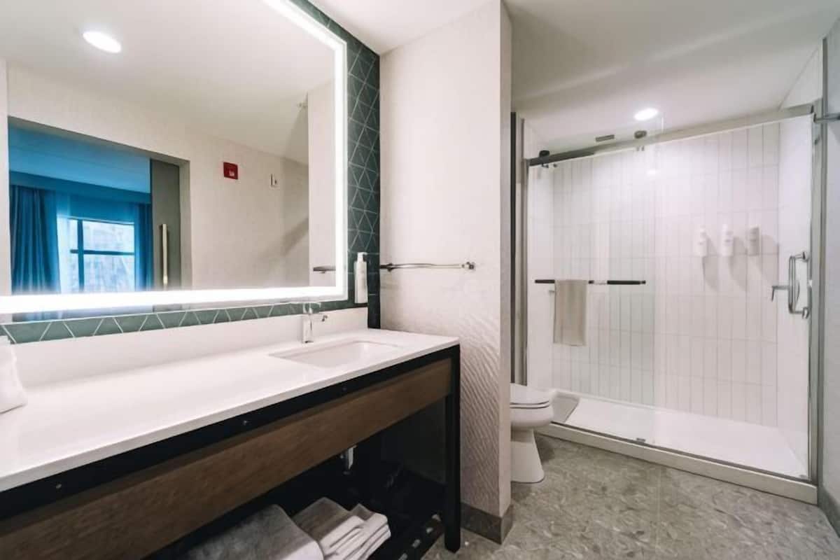 Ein Badezimmer mit einem großen Spiegel, zwei Waschbecken, einer Dusche und einem WC.