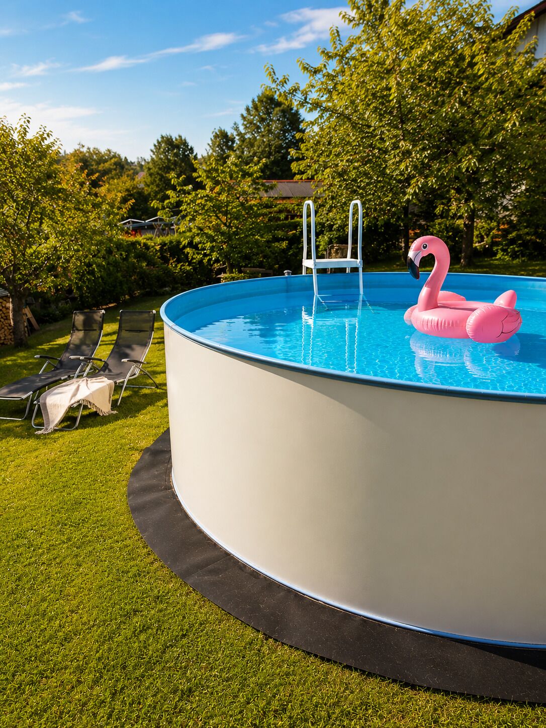 Une piscine hors sol, avec un escalier, un flotteur en forme de flamant rose et des chaises longues sur une pelouse verdoyante.