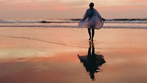 A person walking on a wet beach with a sunset in the background. - SPACELAND Mandrem (Mandrem)
