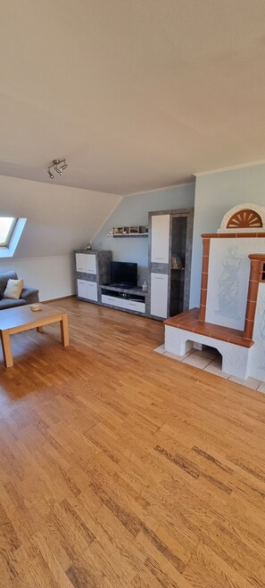 Televisie, een open haard en boeken