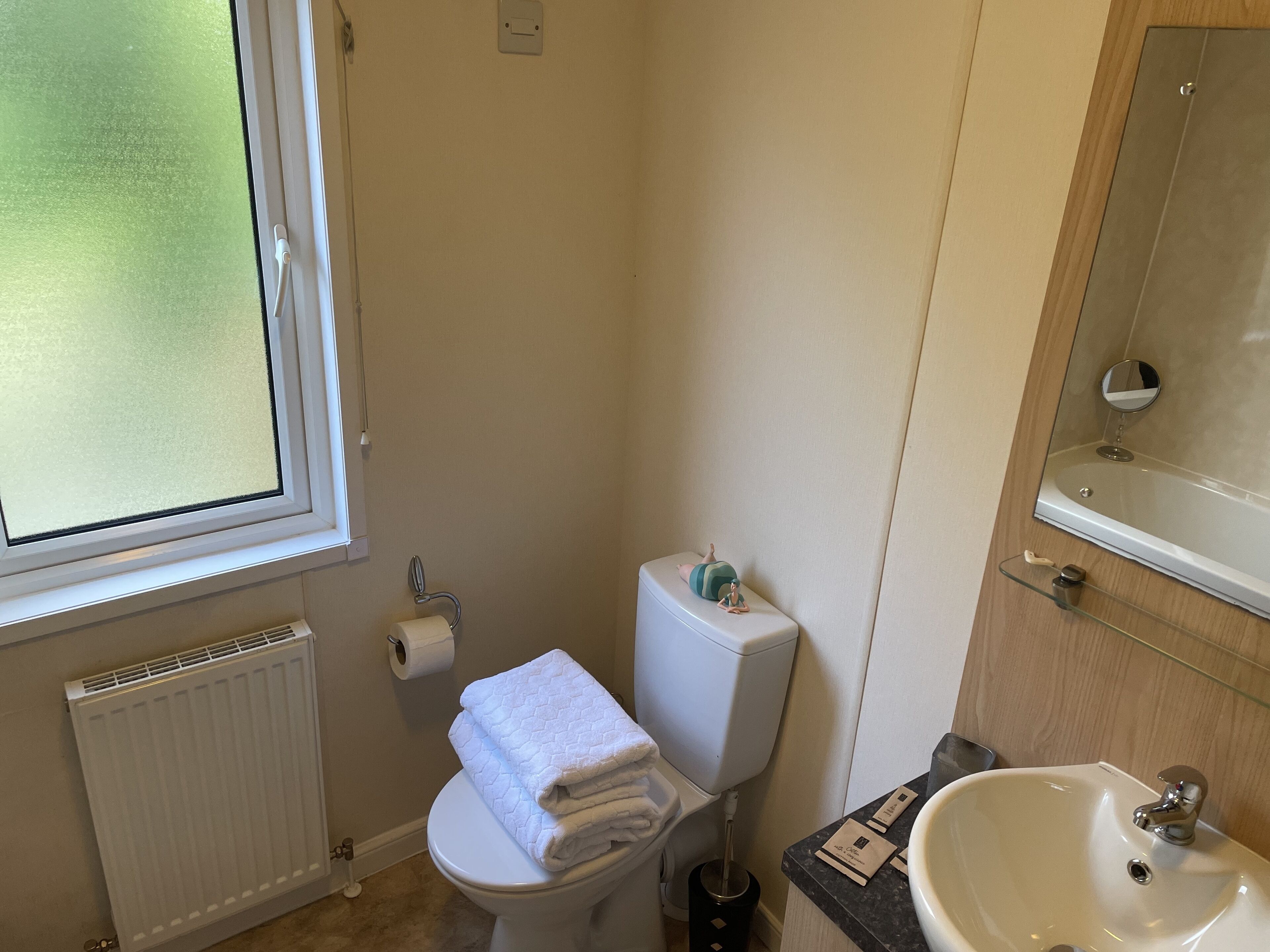 A small bathroom with a toilet, a sink, a mirror, and a window.