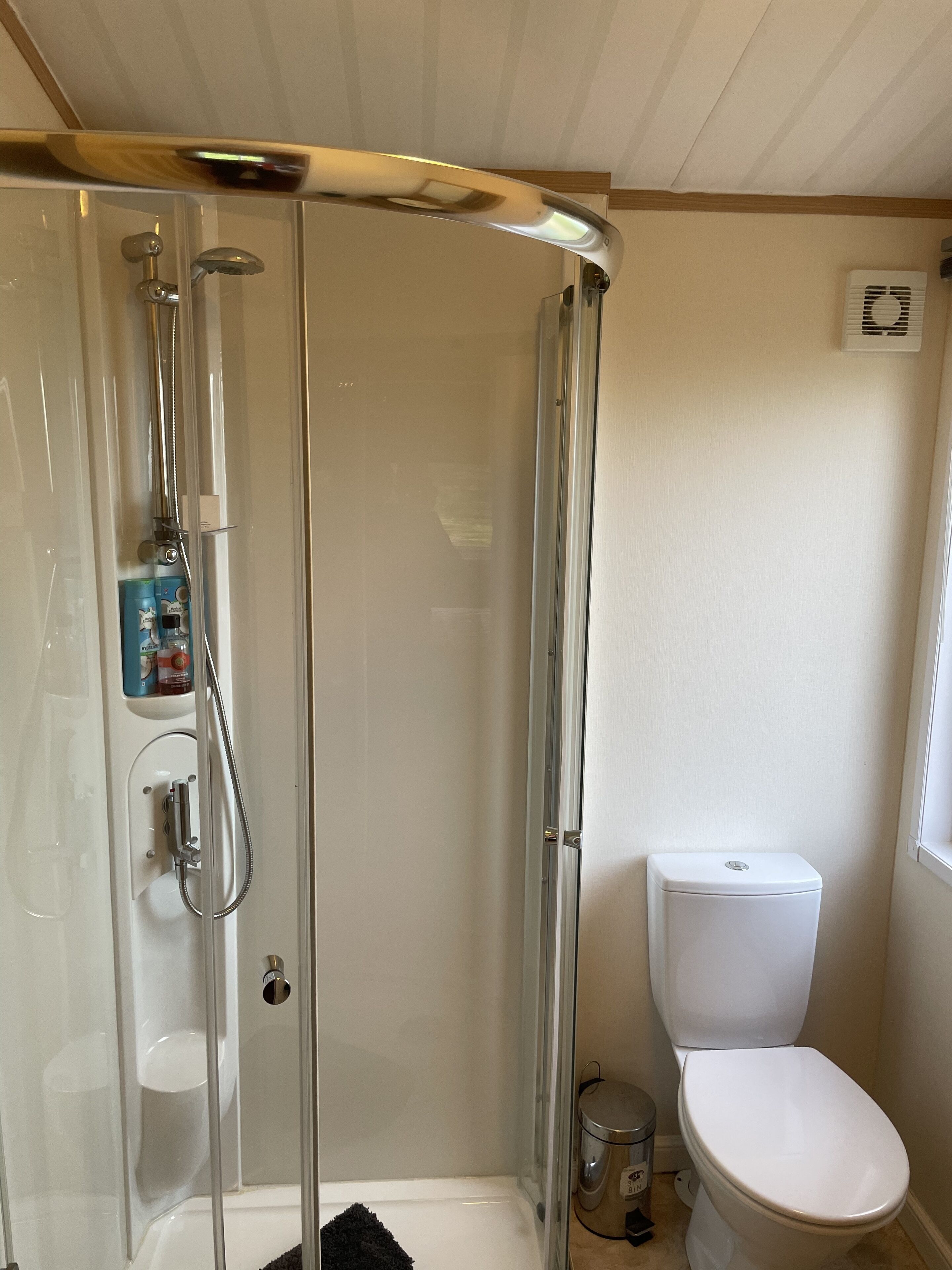 A bathroom with a glass shower enclosure, a toilet, and a window.