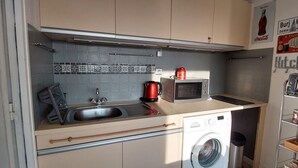 Une cuisine compacte équipée d’un évier, d’un four à micro-ondes et d’un lave-linge.
