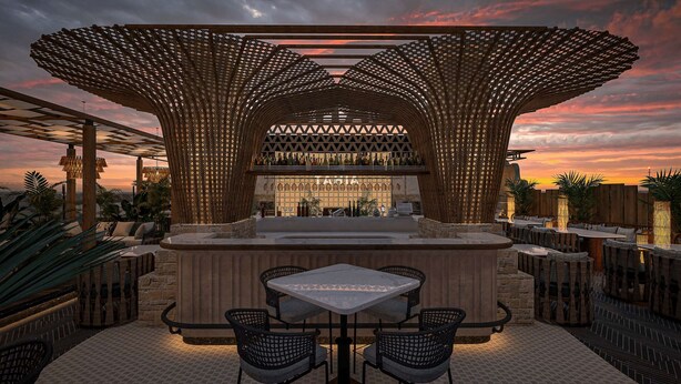 Zona de bar al aire libre con diseño moderno, que incluye una barra central y diferentes disposiciones de asientos.