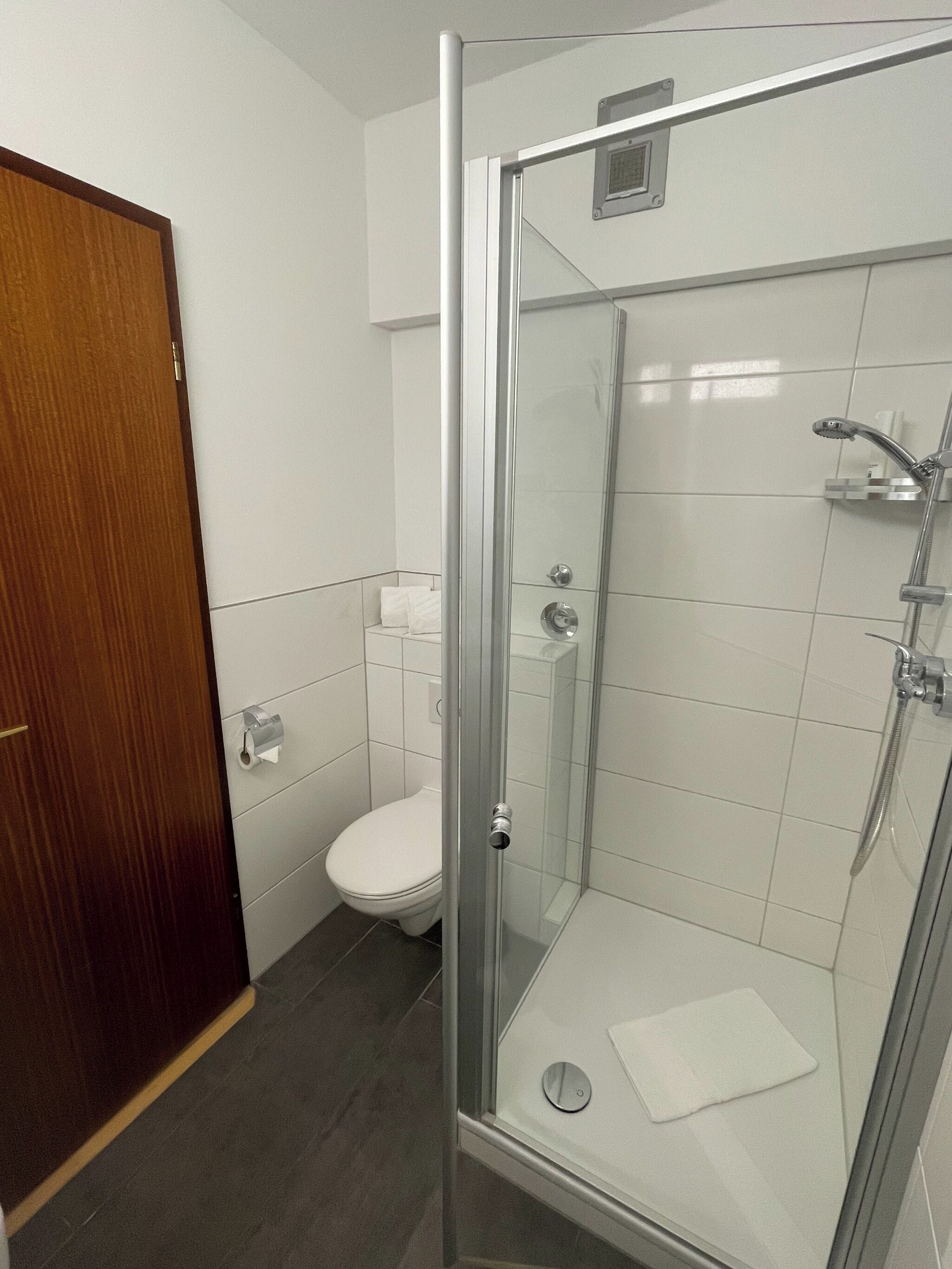 A modern bathroom with a glass-enclosed shower, a toilet, and a wooden door.