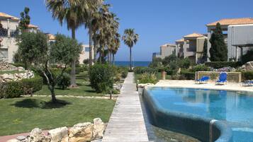 Outdoor pool, pool umbrellas, pool loungers