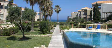 Outdoor pool, pool umbrellas, sun loungers