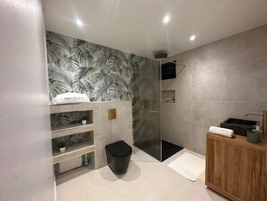 Hair dryer, towels, shampoo, toilet paper