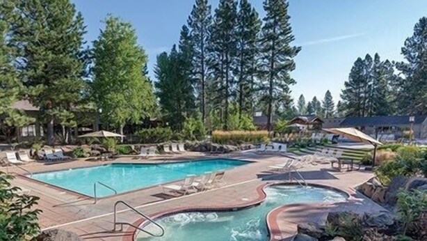 Ein Pool mit Whirlpool, umgeben von Liegestühlen und einem bewaldeten Bereich.