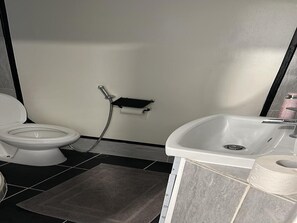 Apartamento | Banheiro | Chuveiro, secador de cabelo, toalhas de banho 